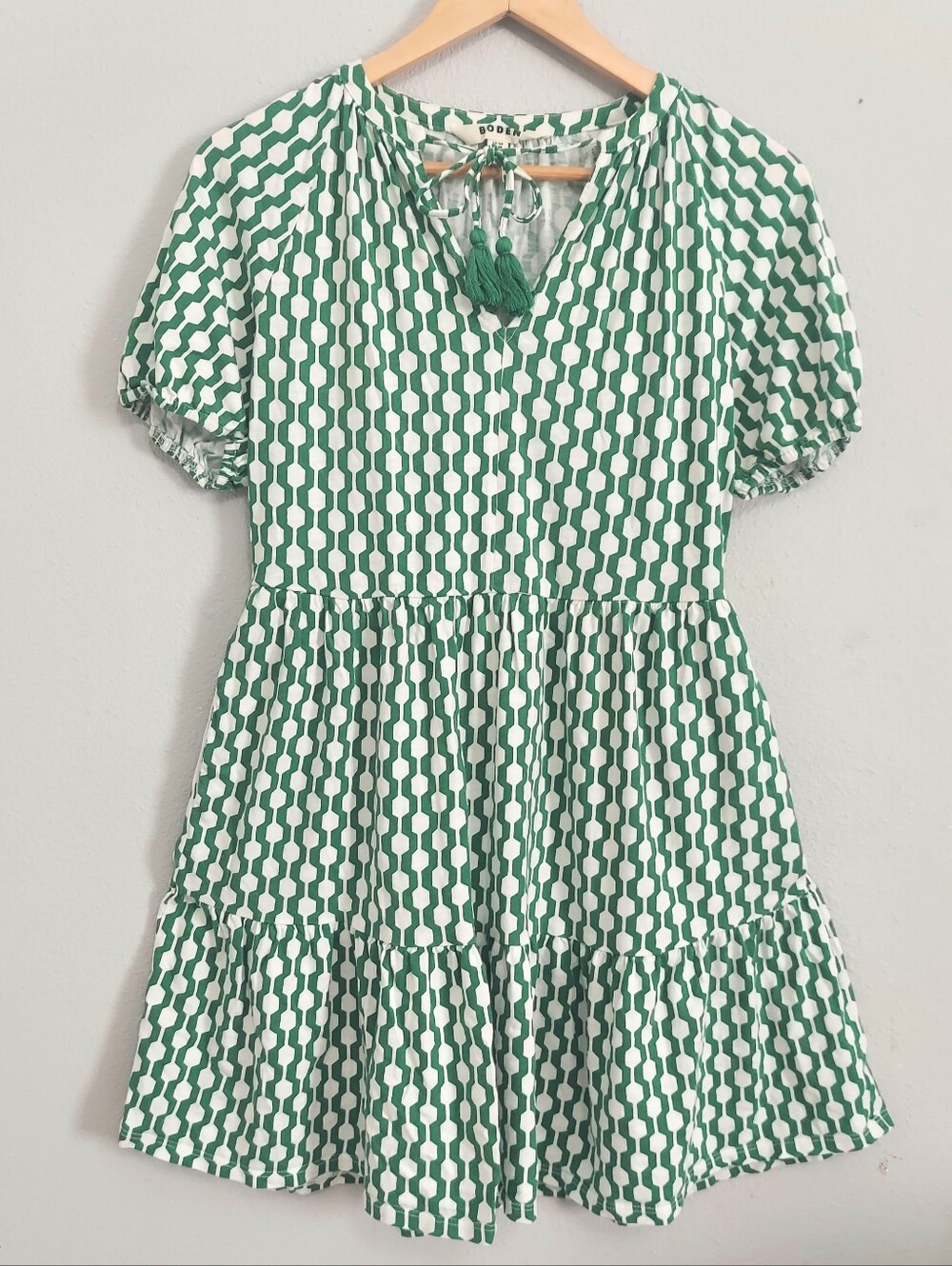 Boden Puff Sleeve Geomtric Green White Print Fit & Flare Mini Dress Size 6R
